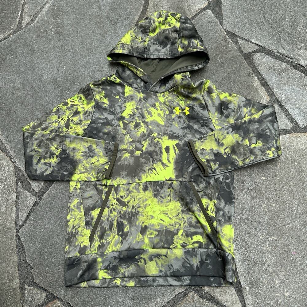 Under Armour Hoodie Youth Small Gray Neon Fleece Lined Sweatshirt Smoky Abstract
